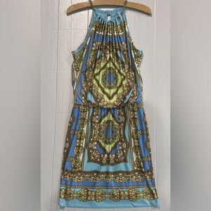Cache Baroque Blue & Turquoise Chain Halter Dress